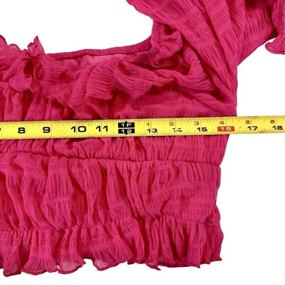 Frilly Romantic Fuchsia Crop Top Women Small Bishop Sleeve Textured Off Shoulder - Picture 13 of 16